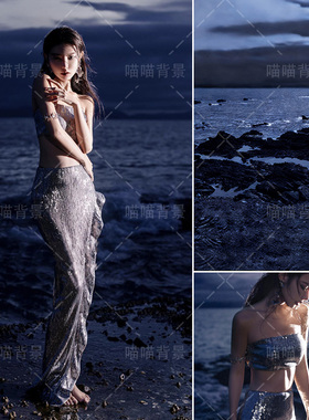 夜晚海景少女写真拍照背景布氛围感海洋女神冬季大海礁石写真海边纯欲风格影棚室内摄影背景纸高级感MH-3187