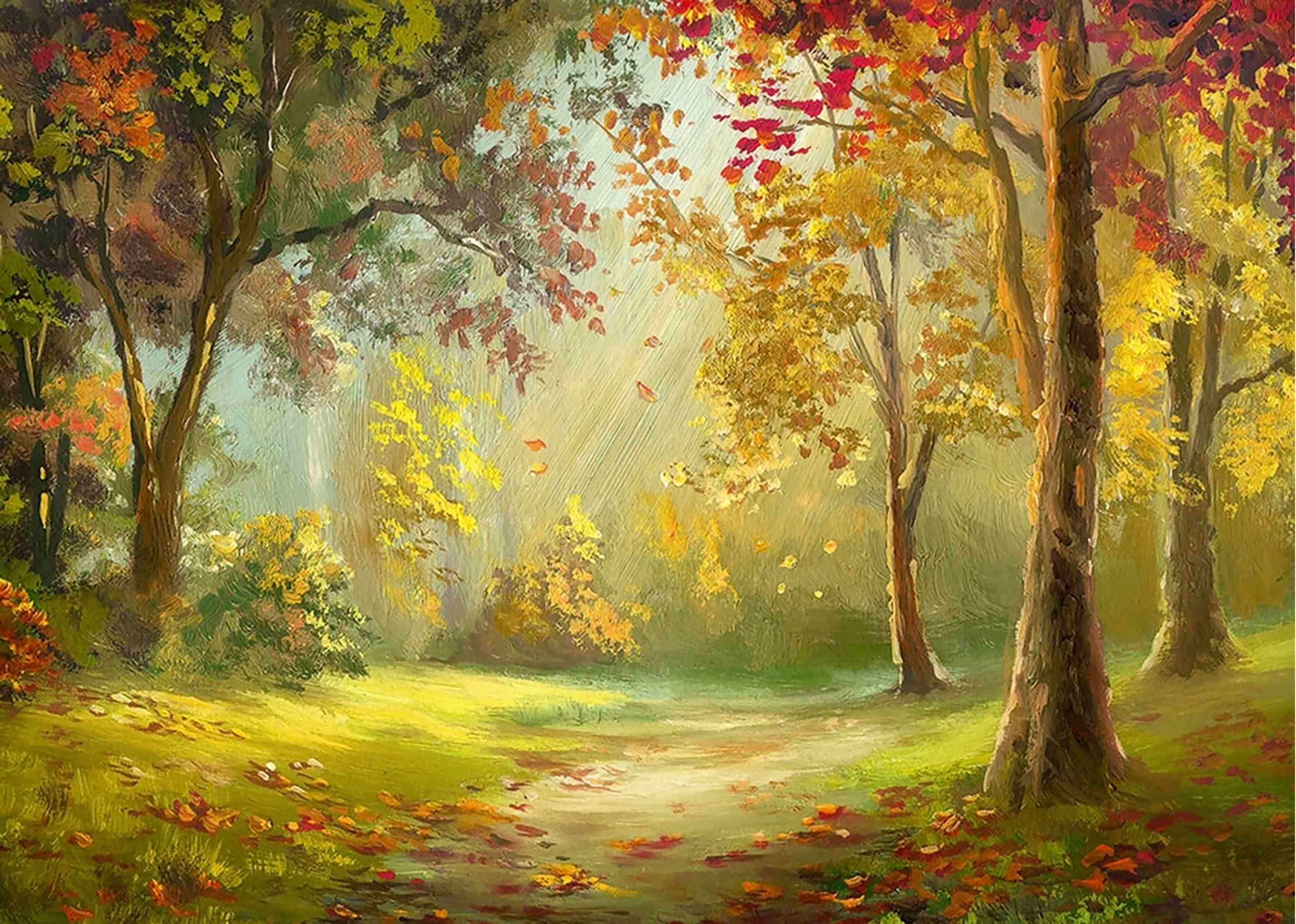 风景树林油画背景布摄影影楼拍摄道具复古喷绘背景秋天仿手绘枫树林