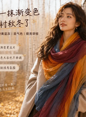 秋冬渐变蓝棉麻感印花女士围巾