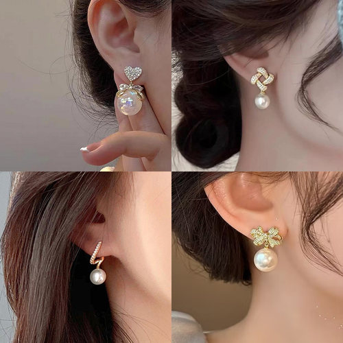 轻奢珍珠水钻蝴蝶结耳钉女