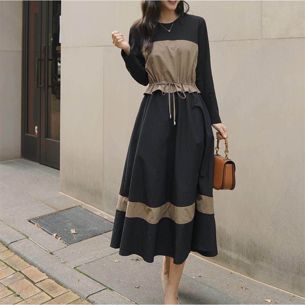 韩版大码胖MM春秋圆领拼色系带收腰假两件长袖中长款连衣裙DRESS