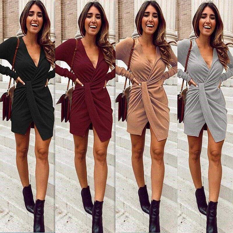 New V-neck irregular long-sleeved dress female长袖连衣裙女