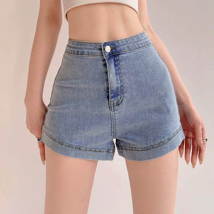夏季纯色一粒扣高腰牛仔短裤女百搭性感紧身显瘦辣妹弹力包臀热裤
