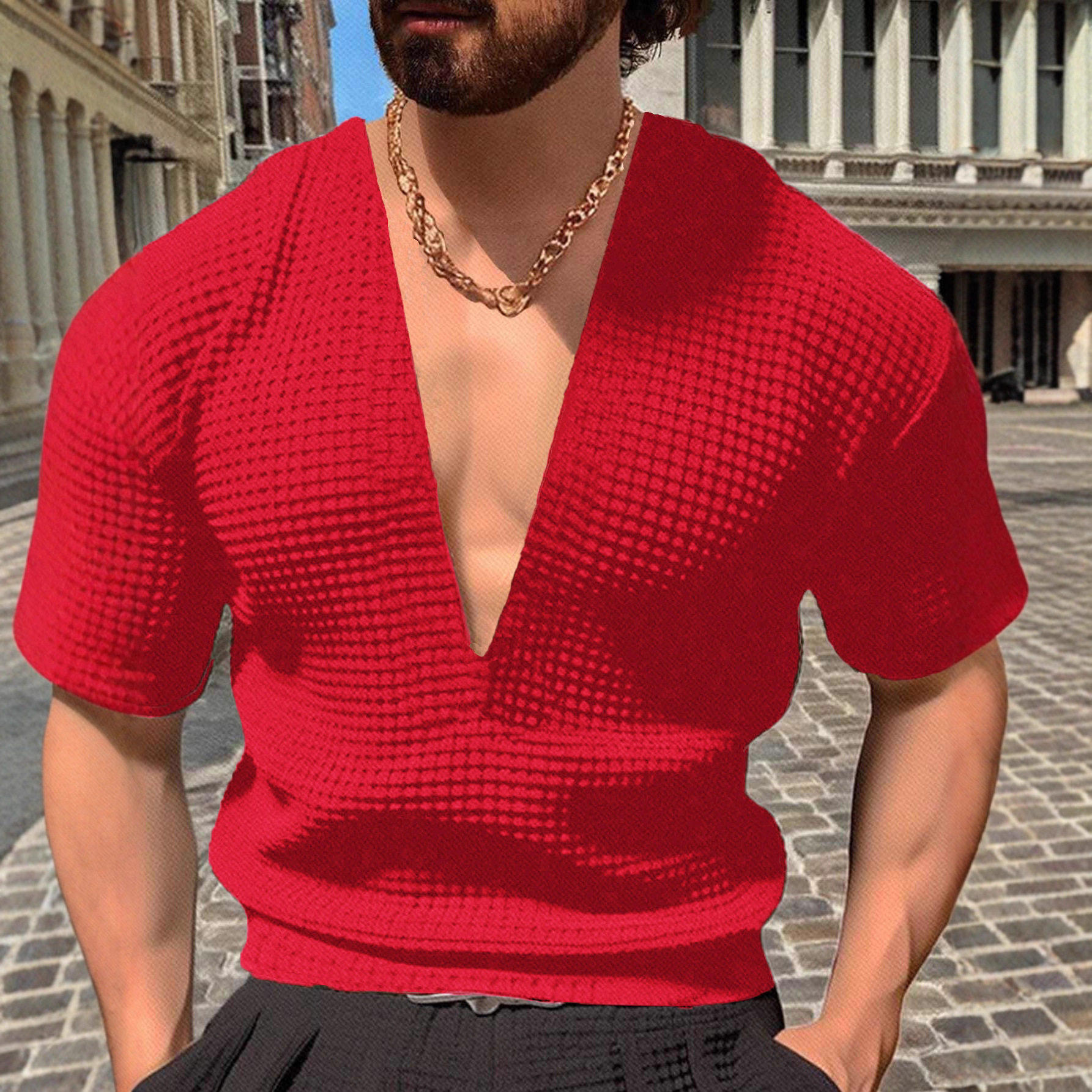 男夏运动健身大V领宽松大码T恤Men's Top Waffle V Neck T-shirt