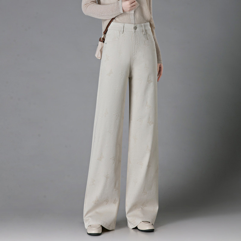 梦舒雅印花软牛仔阔腿裤女2026新款高腰显瘦复古垂感窄版直筒裤子