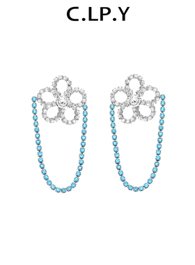 C.LP.Y花季少女花朵蓝色钻链耳环礼物新款耳钉女小众设计时尚耳饰
