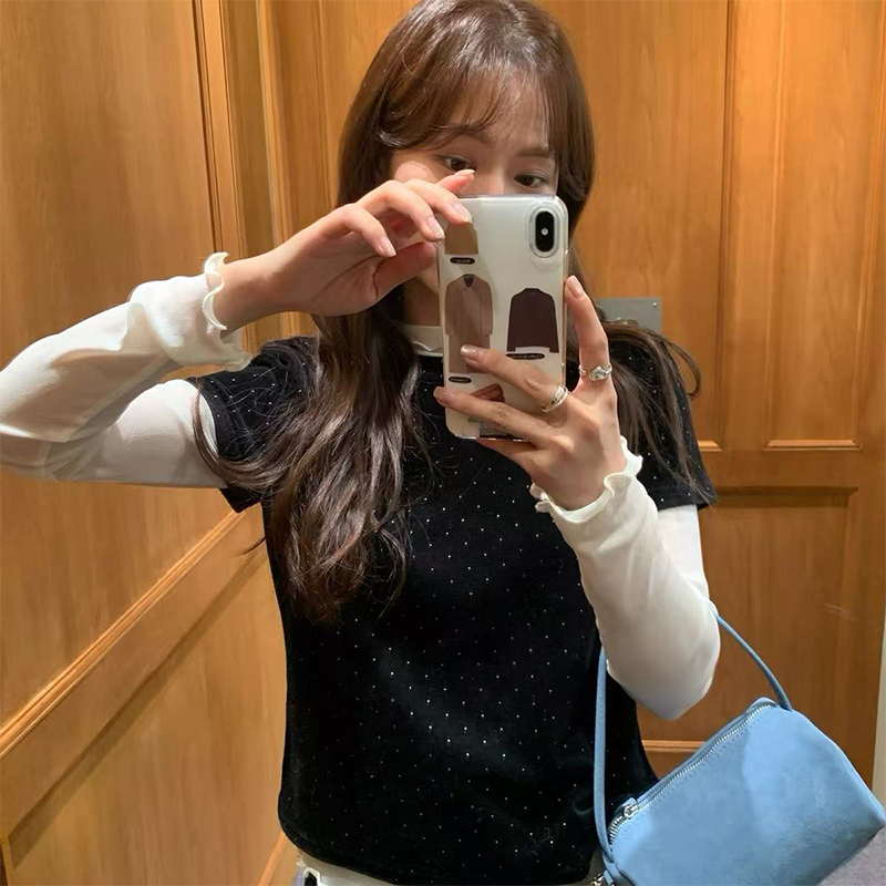 实体档口美式复古波点绒感短袖T冬季新款叠穿打底显瘦上衣俩件套