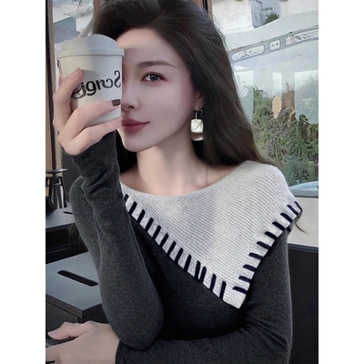 秋冬法式轻熟拼接撞色打底衫女内搭设计感不规则修身显瘦上衣小众