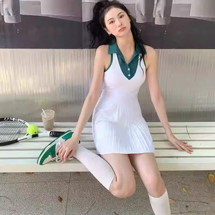 白色专业女运动网球裙连衣裙跑步速干羽毛球裙子防走光百褶裙无袖