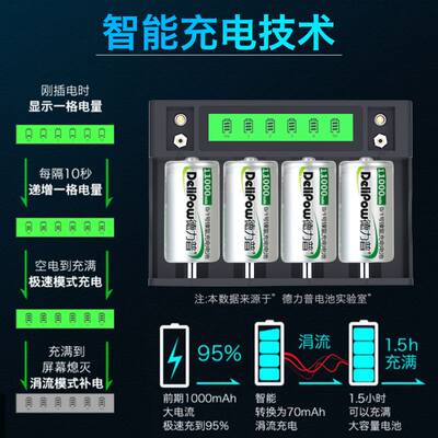 德力普1号充电电池套装天然气燃煤气灶专用D型大一号usb1.5v锂电