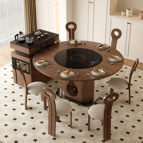 岛台餐桌一体实木圆形可伸缩餐桌