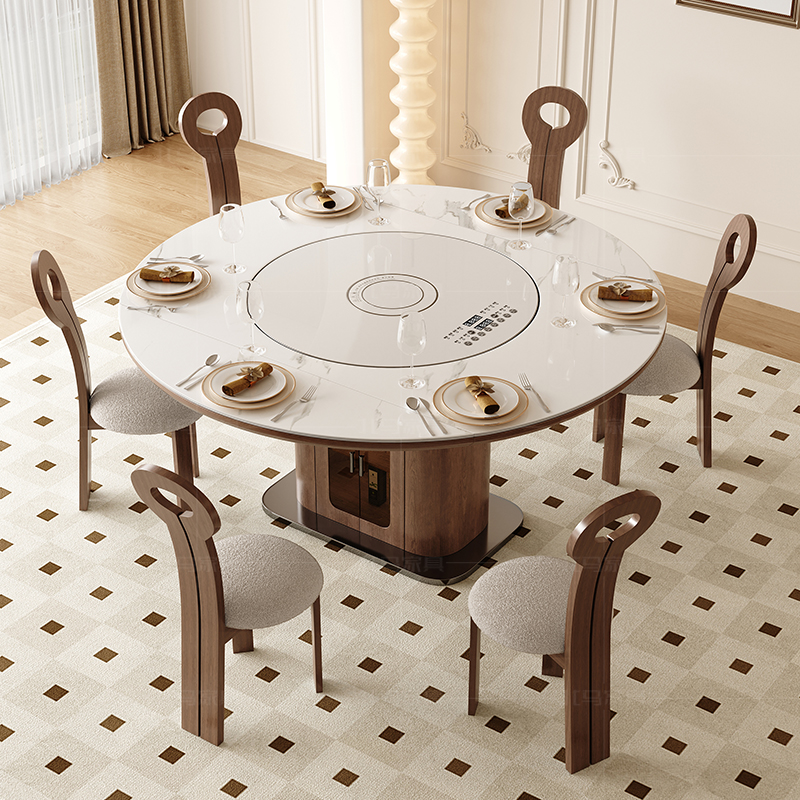 中古风复古伸缩暖菜实木岩板餐桌