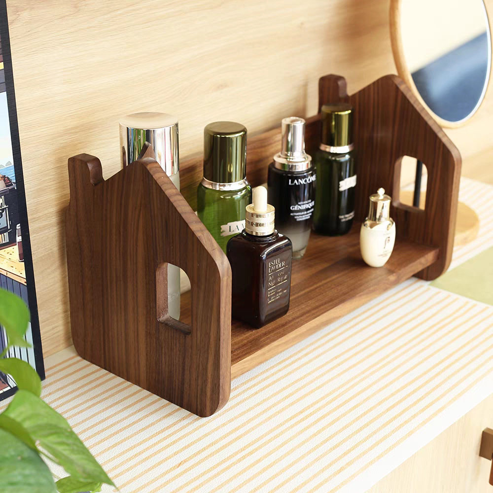 北欧创意轻奢胡桃木化妆品收纳架梳妆台护肤品高级香水口红置物架