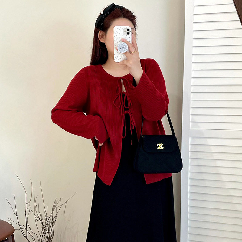 大码女装设计感绑带上衣女针织衫2026秋款胖mm宽松气质开衫23183-