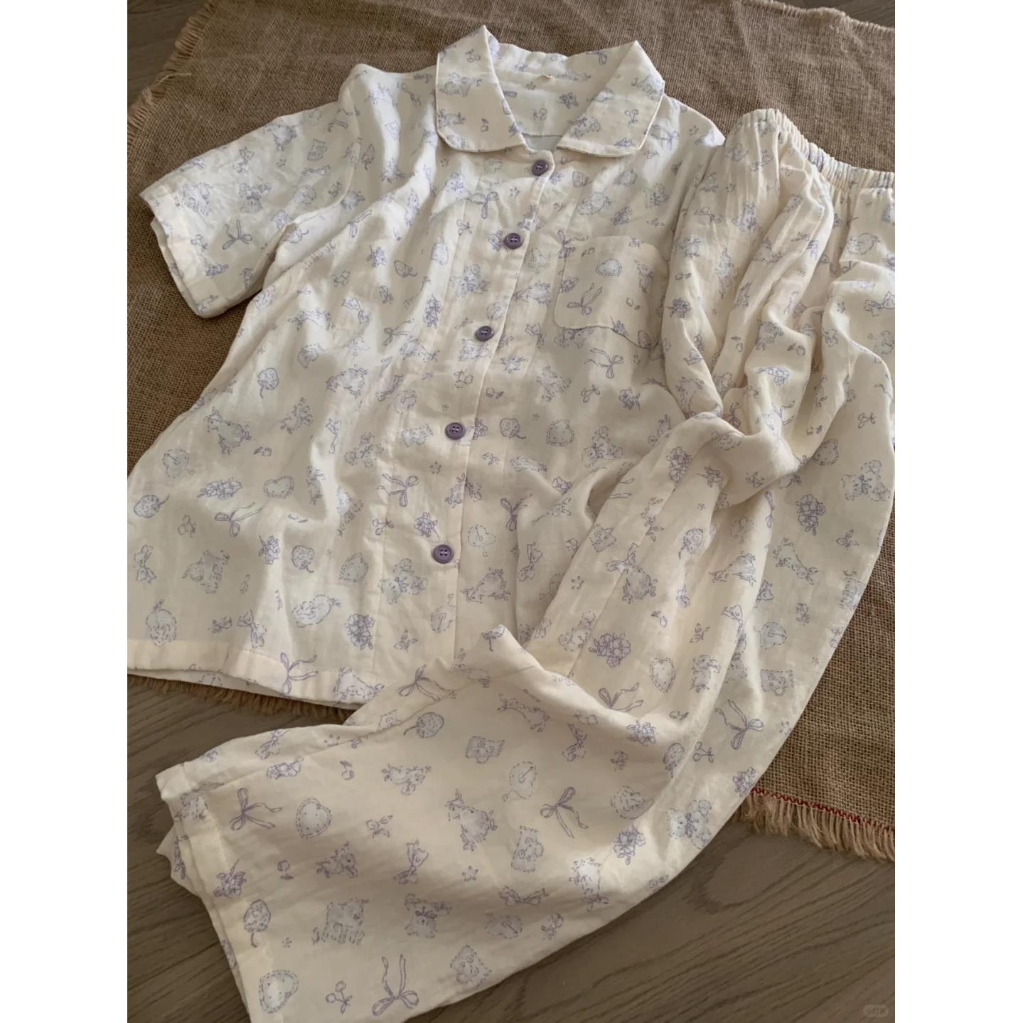 A类全棉纯棉婴儿双层纱布棉麻睡衣女2025春夏秋季新款短袖家居服