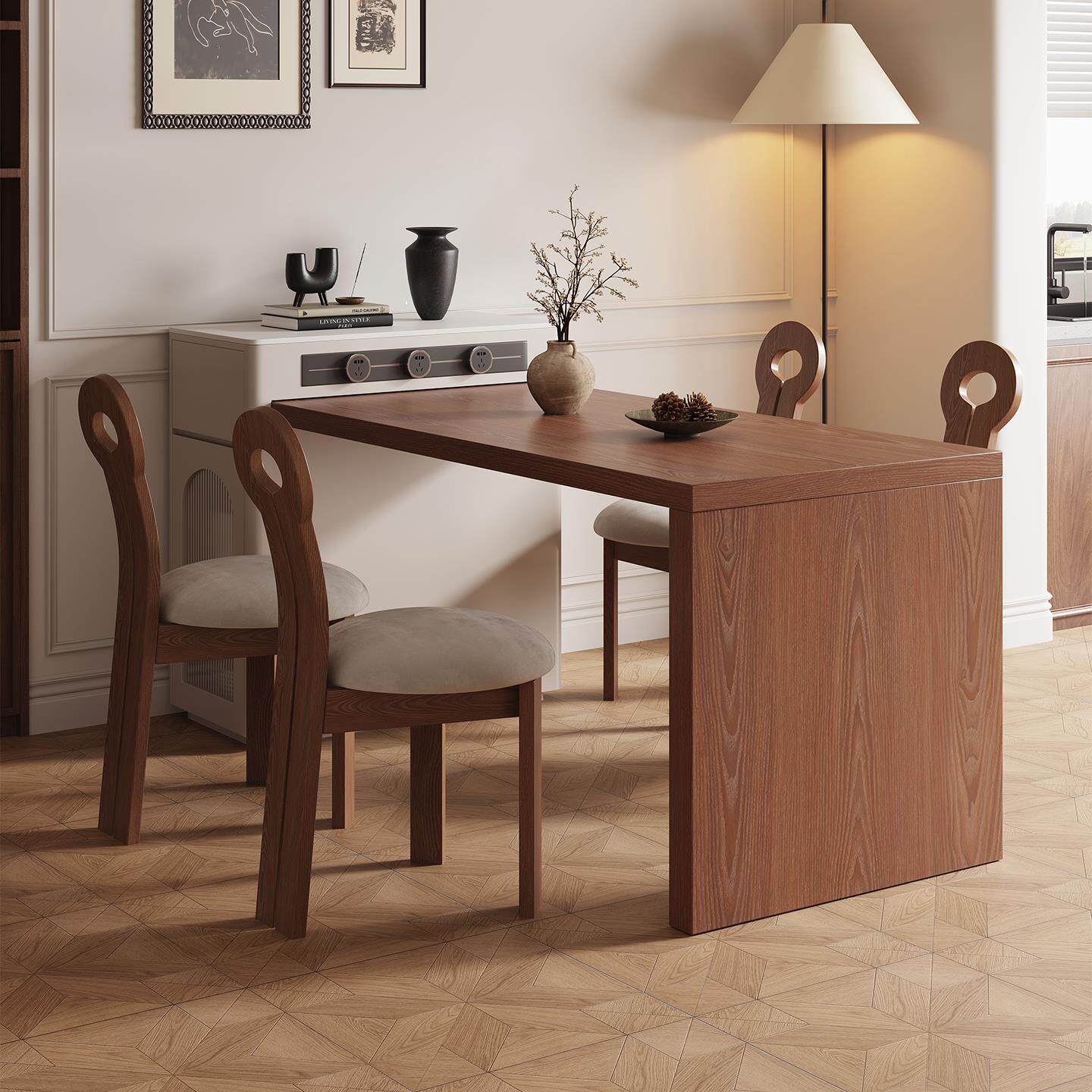 小户型窄岛台餐桌一体可伸缩饭桌中古风迷你岩板倒台胡桃木吧台桌