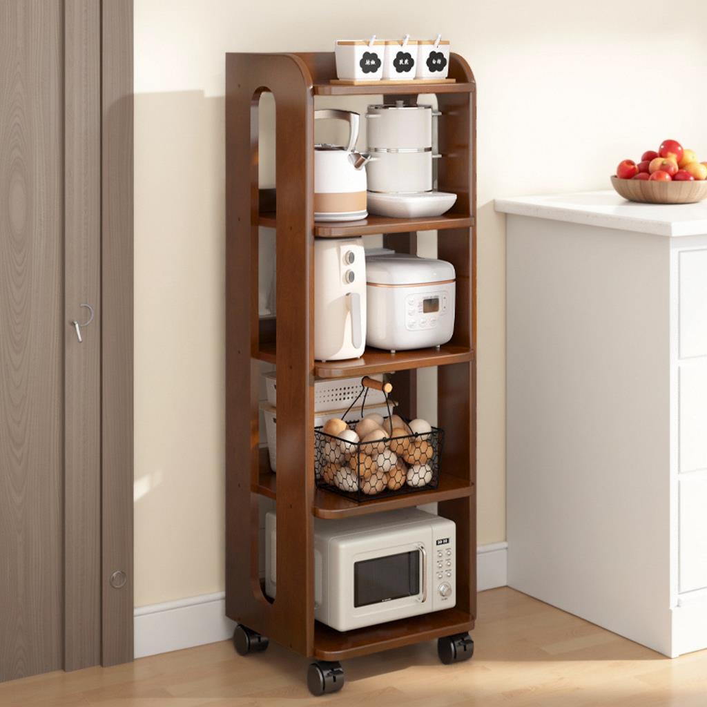 全实木厨房落地置物架家用客厅收纳储物柜可移动带轮多层展示书架