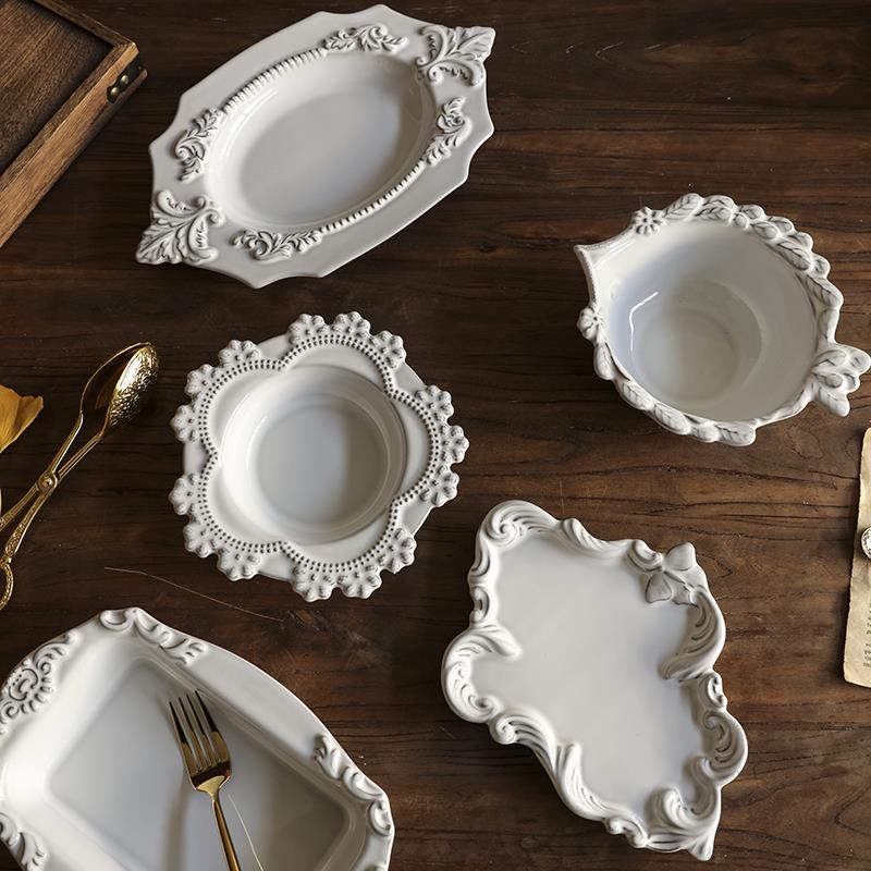 中古风陶瓷餐盘浮雕甜品蛋糕盘家用西餐盘子水果碗覆古首饰展示盘