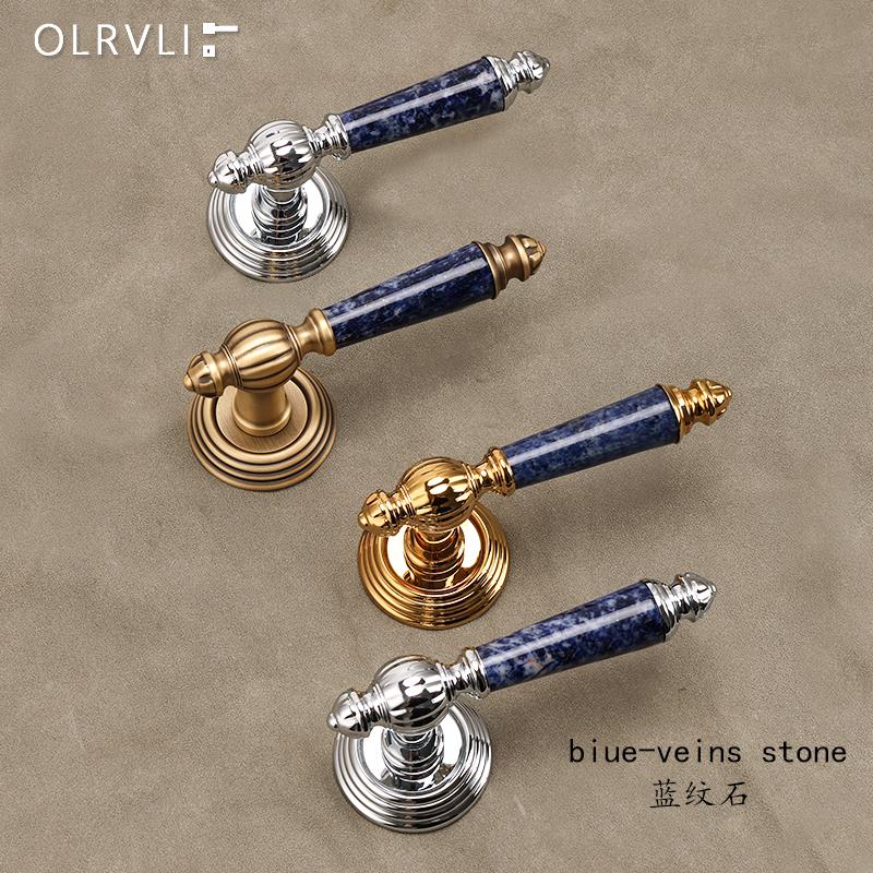 olrvli全铜蓝纹石金色古铜色镀铬银复古门锁天然水晶法式双开门锁