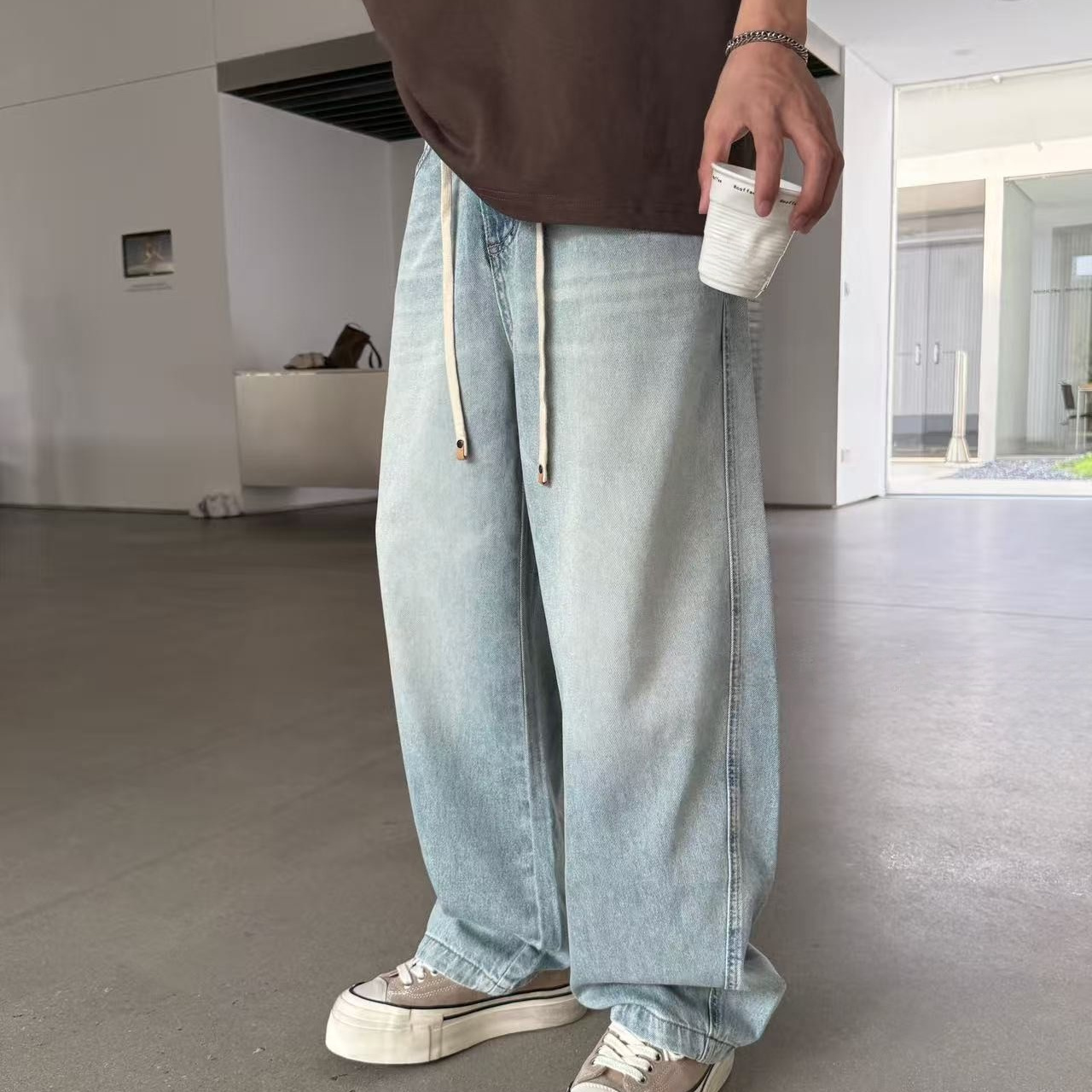 复古水洗蓝色抽绳直筒牛仔裤男夏