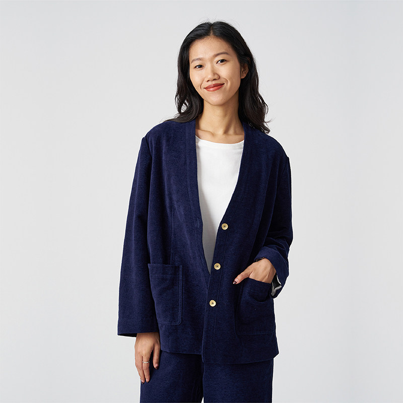 klee klee春秋女装雪尼尔蓝布无领贴袋日常休闲通勤V领西装外套