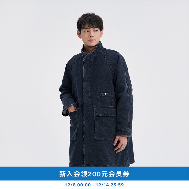 靛蓝染帆布可拆羽绒内胆风衣