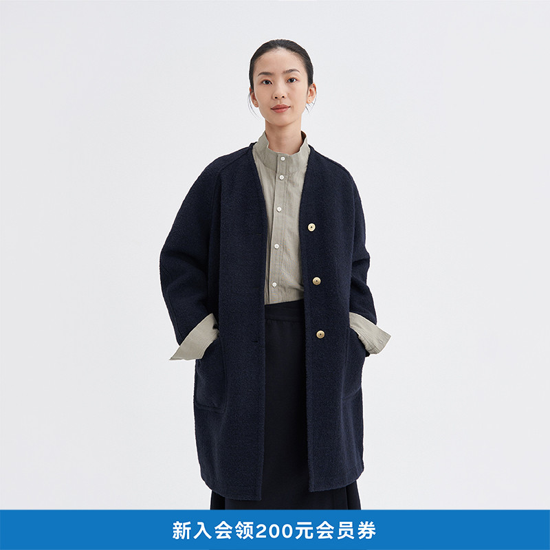 25年冬女士粗花呢蓝布廓型大衣