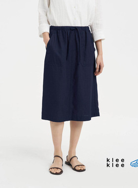 klee klee半身裙 女士靛蓝染仿裂织蓝布小A休闲半身裙26春夏新款