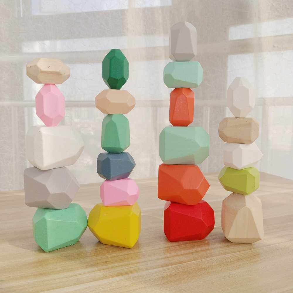 CHLDRENS WOODEN COLORED STONE JENGA BULDNG BLOCK EDUCAT