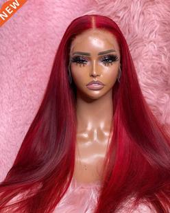 Synthetic Hair Red Glueless Silky Front Lace Wigs Straight