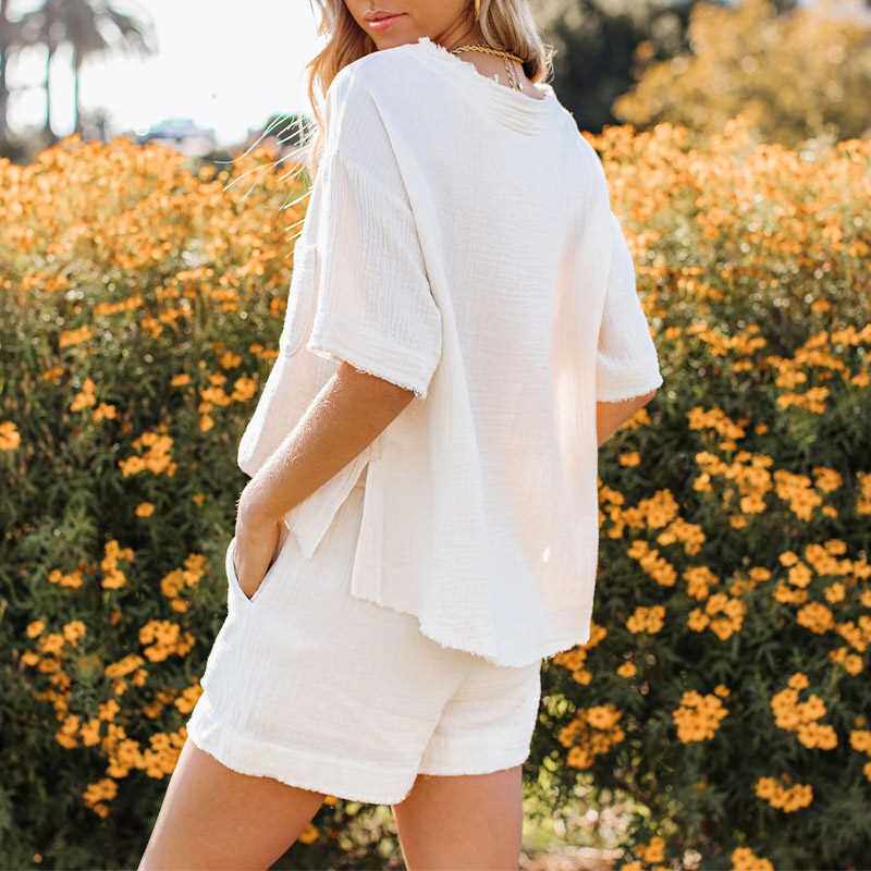 SUMMER CASUAL COTTON LNEN POCKET SETS SHORT SLEEVE T SHRT