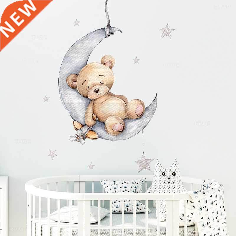 cartoon teddy ear sleeping on the moon and stars wall stick
