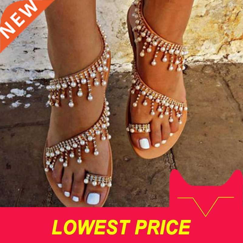 women sandals summer shoes flat pearl sandals bead slippers