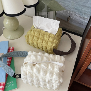 柔软奶油泡芙全棉泡泡纱纸巾盒双层布艺纸巾袋轻奢桌面收纳车载