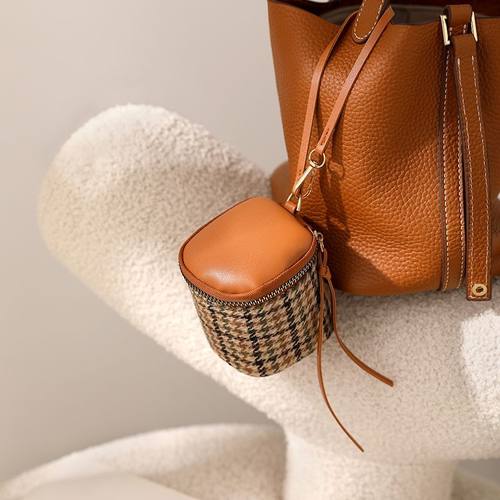 千鸟格软皮手拿包迷你精致拉链零钱包水桶口红包化妆包小手拎小包