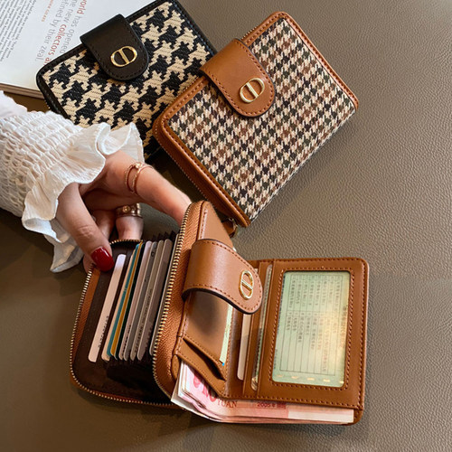 钱包女短款小众设计2025新款千鸟格精致高档女士折叠卡包钱包一体