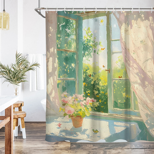 北欧清新油画风景浴帘浴室防水防霉卫生间隔断帘门帘窗帘帘子挂帘