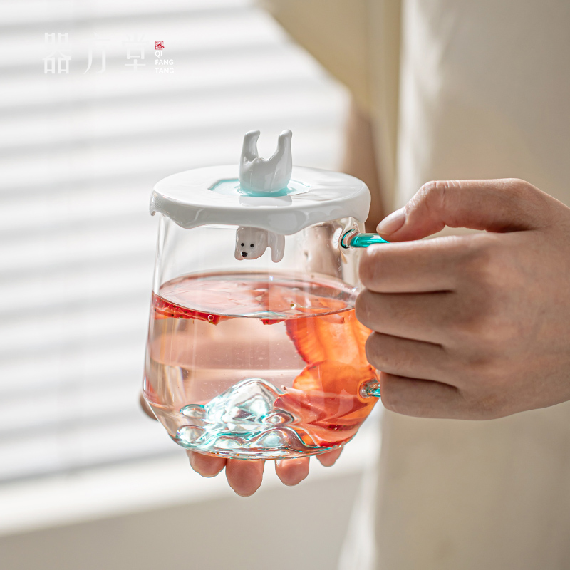 北极熊可爱玻璃水杯带盖女家用办公室陶瓷马克杯情侣杯子泡茶杯