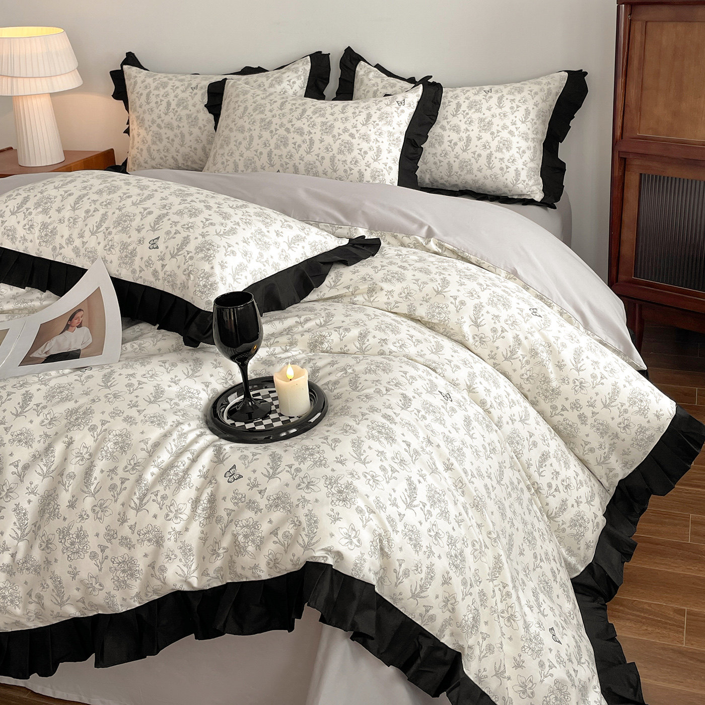 法式花边全棉床单四件套纯棉床笠被套碎花黑白被罩小清新床品套件