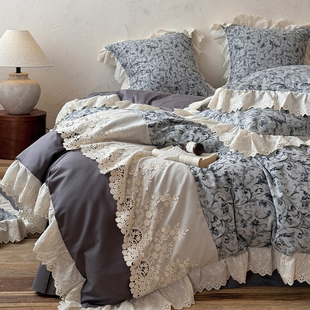 法式碎花被套四件套全棉纯棉2026新款床单被罩蕾丝花边公主风床品