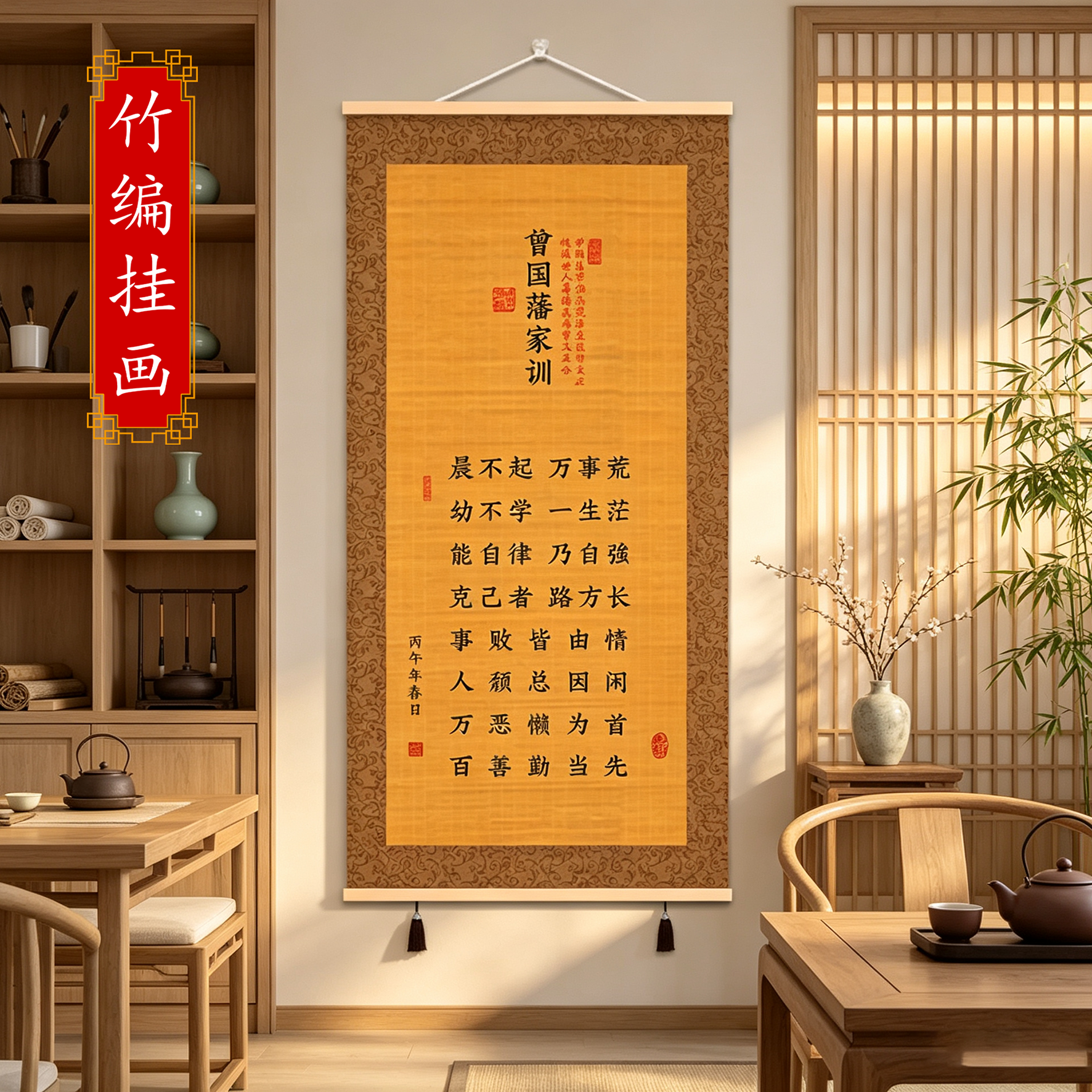 曾国藩家训家规励志书法竹丝挂画客厅玄关茶室新中式竹编字画卷轴