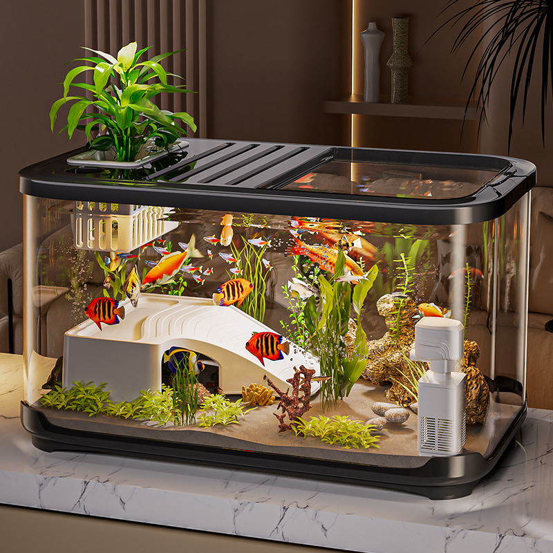 新款带盖鱼缸客厅家用造景透明生态缸桌面乌龟缸大号塑料水族箱