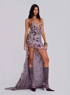 IAMUBABA Jaded London性感辣妹镂空露背绑带长款修身开叉沙滩裙