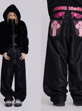 JADED LONDON 欧美潮复古风翅膀十字架男女直筒阔腿长裤牛仔裤