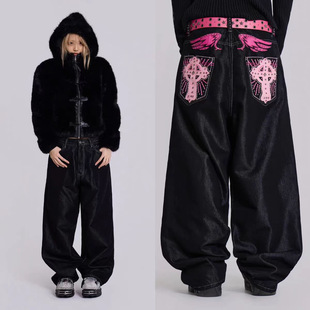 JADED LONDON 欧美潮复古风翅膀十字架男女直筒阔腿长裤牛仔裤