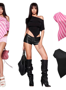 IAMGIA 不对称单肩斗篷风格右肩褶饰短上衣PU皮革紧身休闲短裤