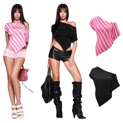 IAMGIA 不对称单肩斗篷风格右肩褶饰短上衣PU皮革紧身休闲短裤