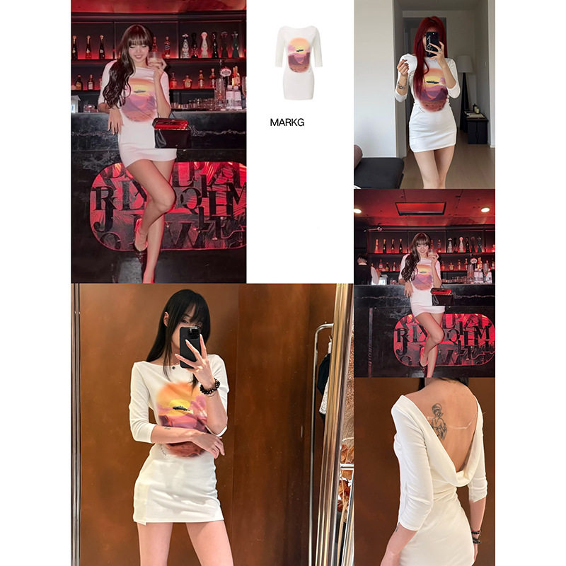 Lisa同款现货发MAR26春夏峡谷飞车印花七分袖连衣裙女