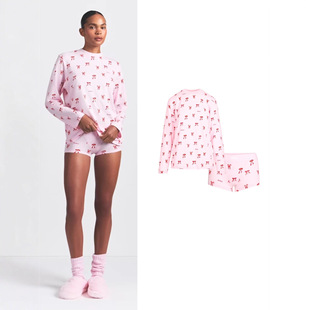 SKIMS 2025圣诞新品蝴蝶结图案家居服休闲圆领宽松长袖睡衣套装