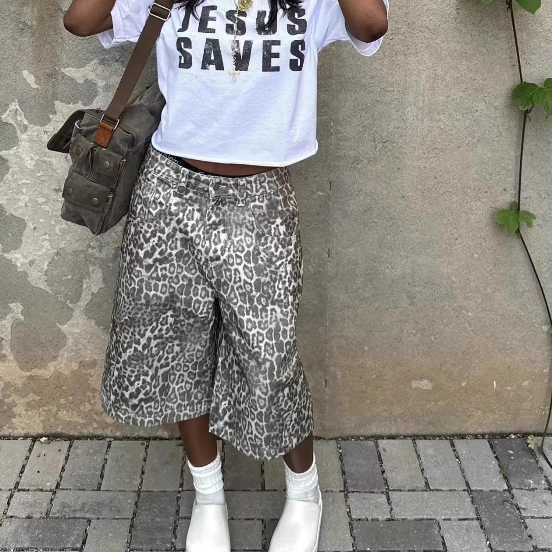 IAMUBABA新品Jaded London褪色豹纹满印宽松阔腿低腰直筒裤牛仔裤